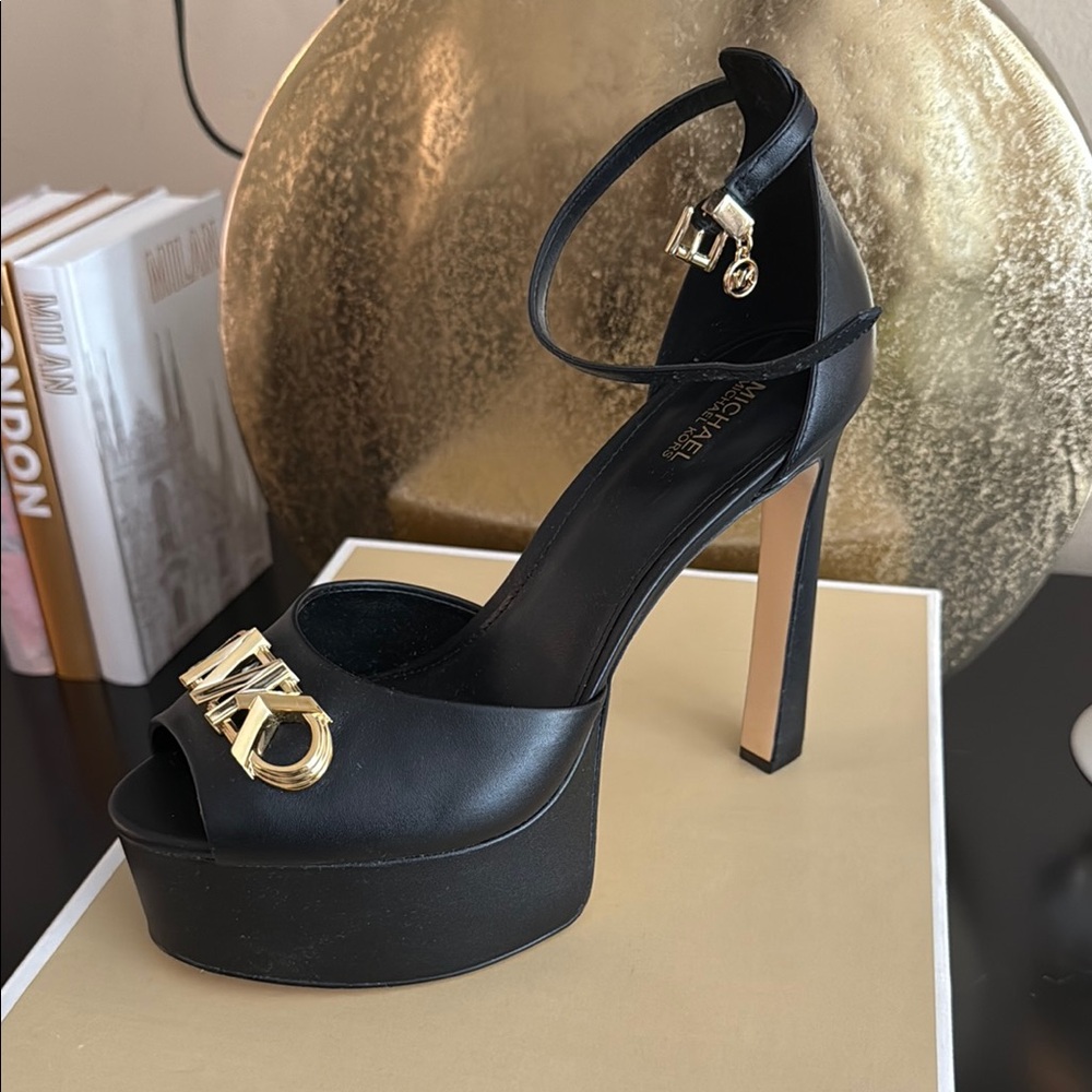 Michael Kors Black Platform Heels with Gold Accents-Martina Peep Toe Pump - Picture 2 of 7